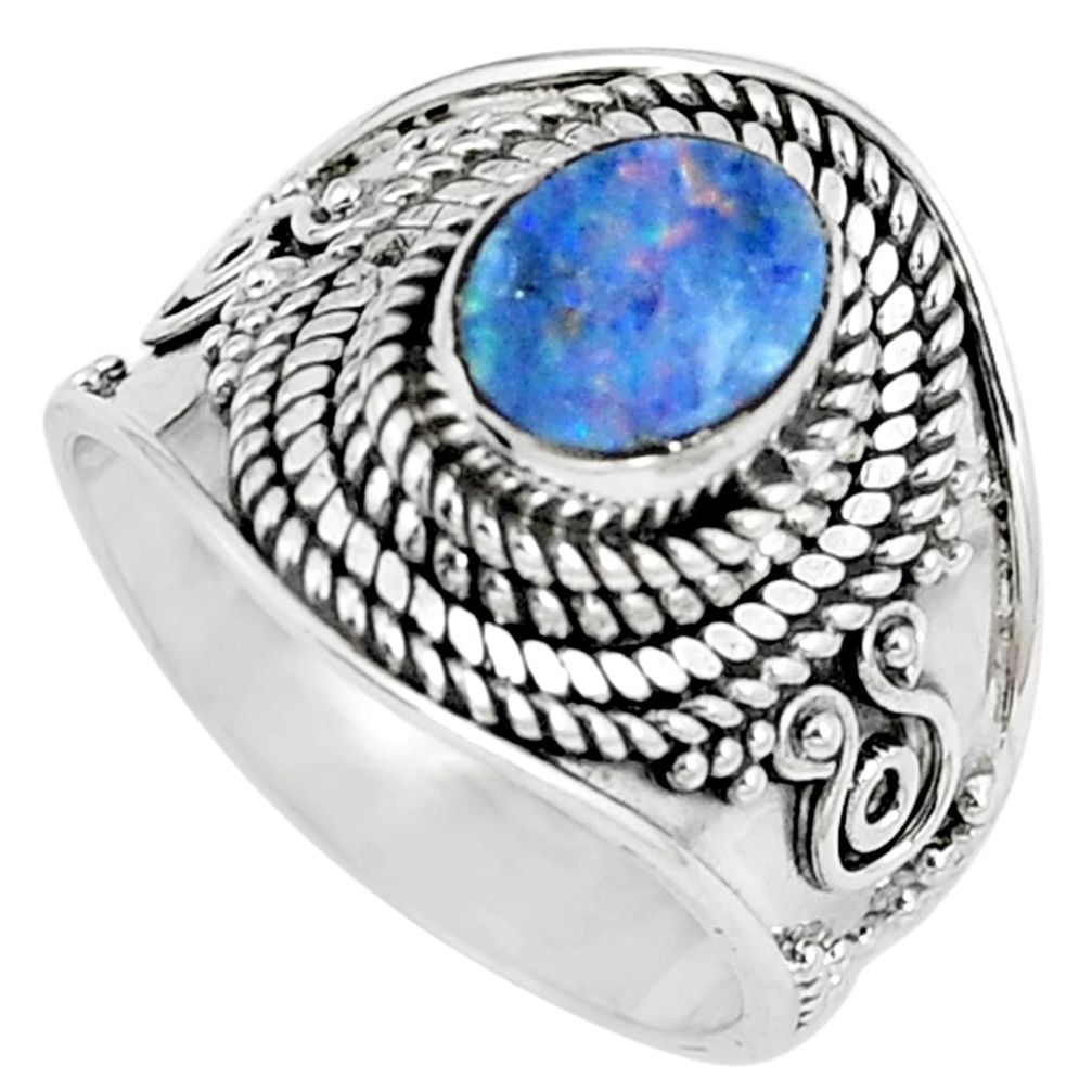 Natural blue doublet opal australian 925 sterling silver ring size 7 m84153