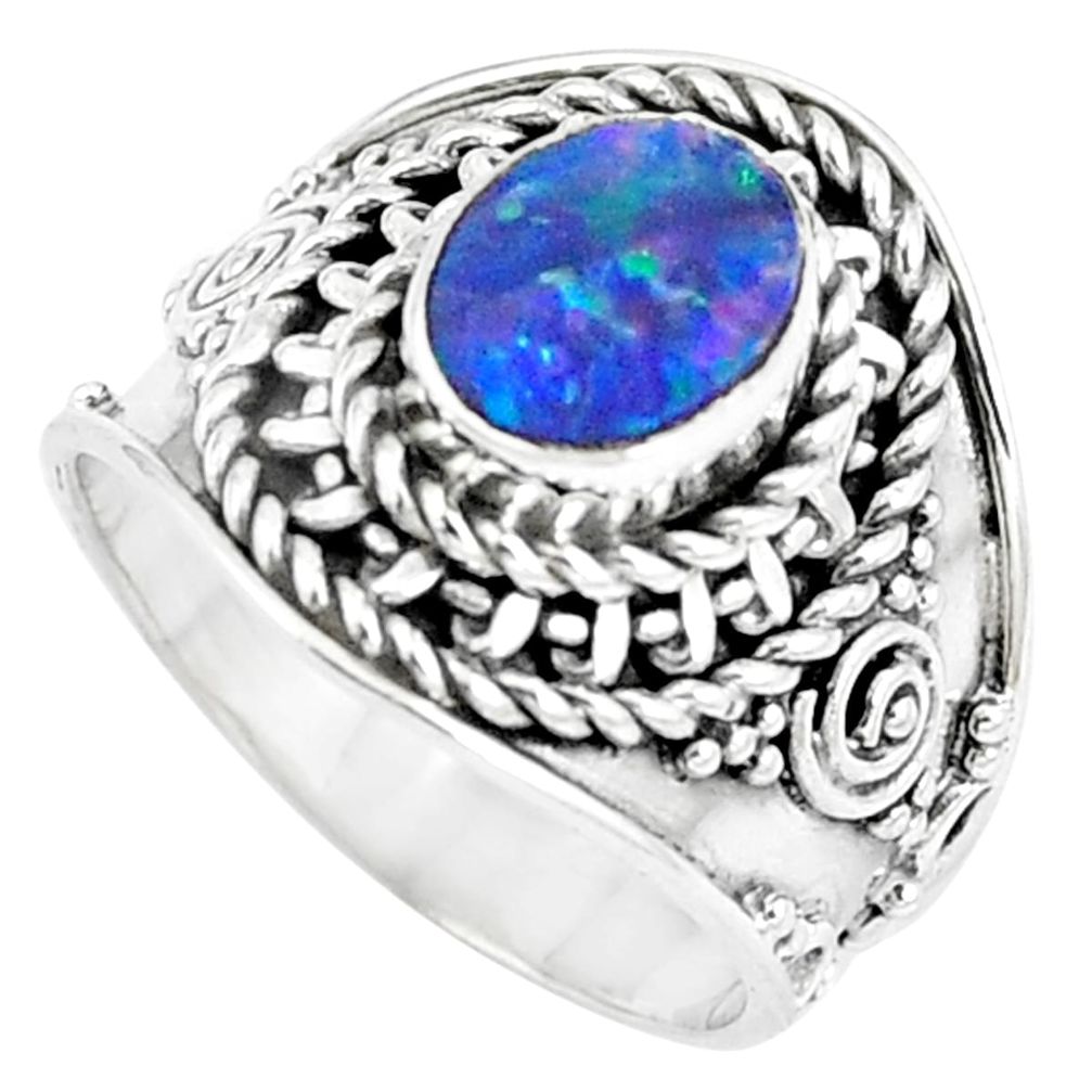 Natural blue doublet opal australian 925 sterling silver ring size 6 m84154