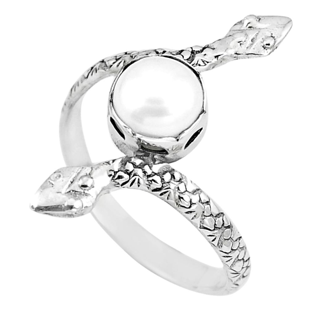 Natural white pearl 925 sterling silver snake solitaire ring size 11.5 m84794