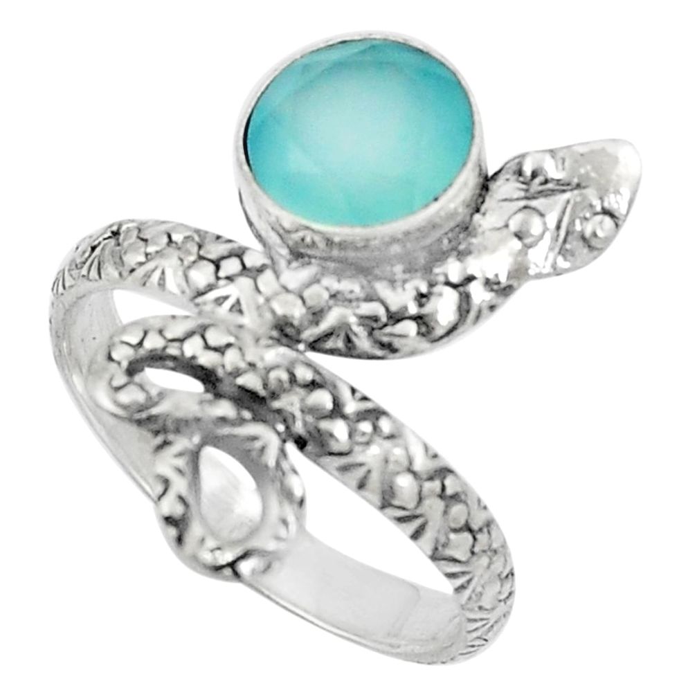 Natural aqua chalcedony 925 sterling silver snake solitaire ring size 7.5 m84802
