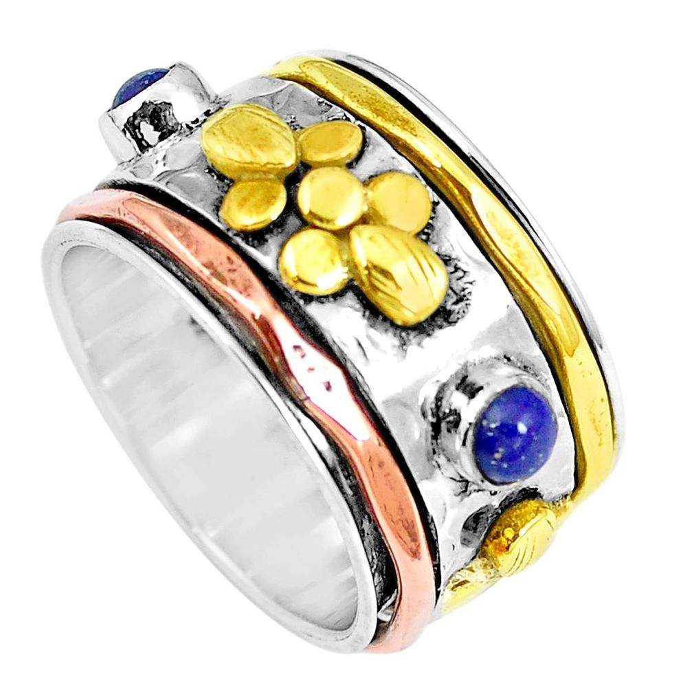 Natural blue lapis lazuli 925 silver two tone spinner band ring size 7.5 m86319