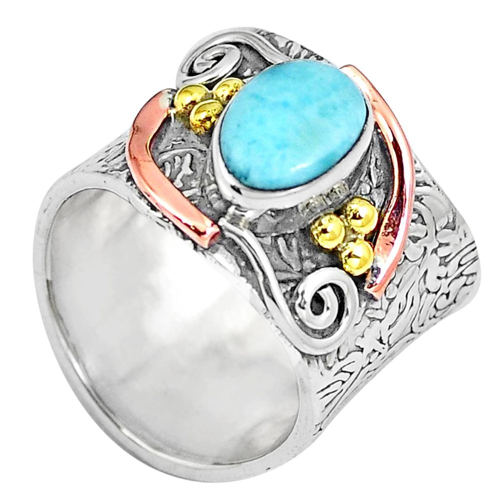 Natural blue larimar 925 sterling silver two tone solitaire ring size 6.5 m86369