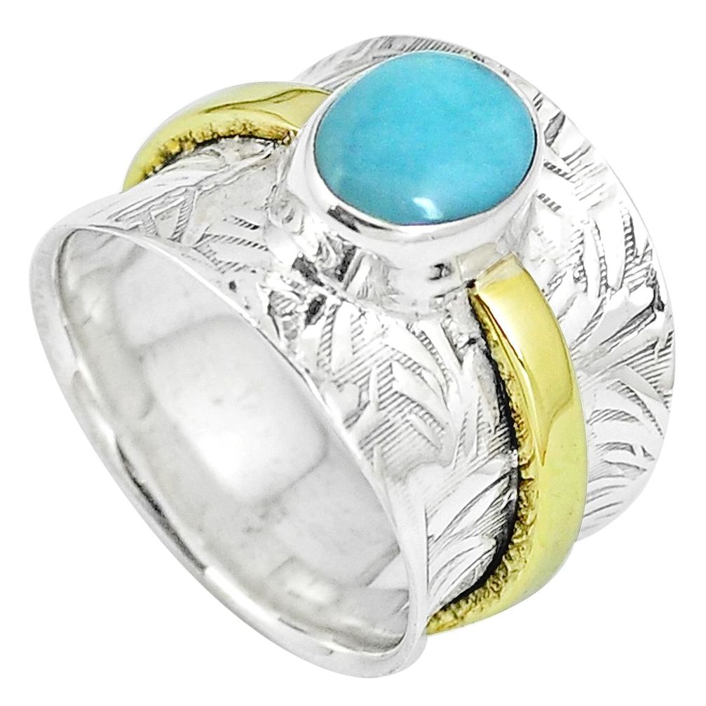 Natural blue larimar 925 sterling silver two tone solitaire ring size 6 m86371