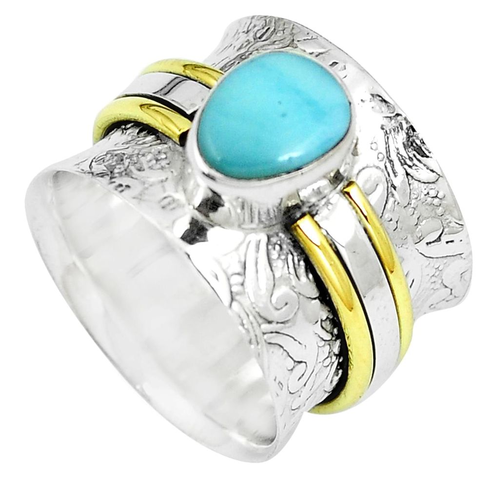 Natural blue larimar 925 sterling silver two tone solitaire ring size 6.5 m86388