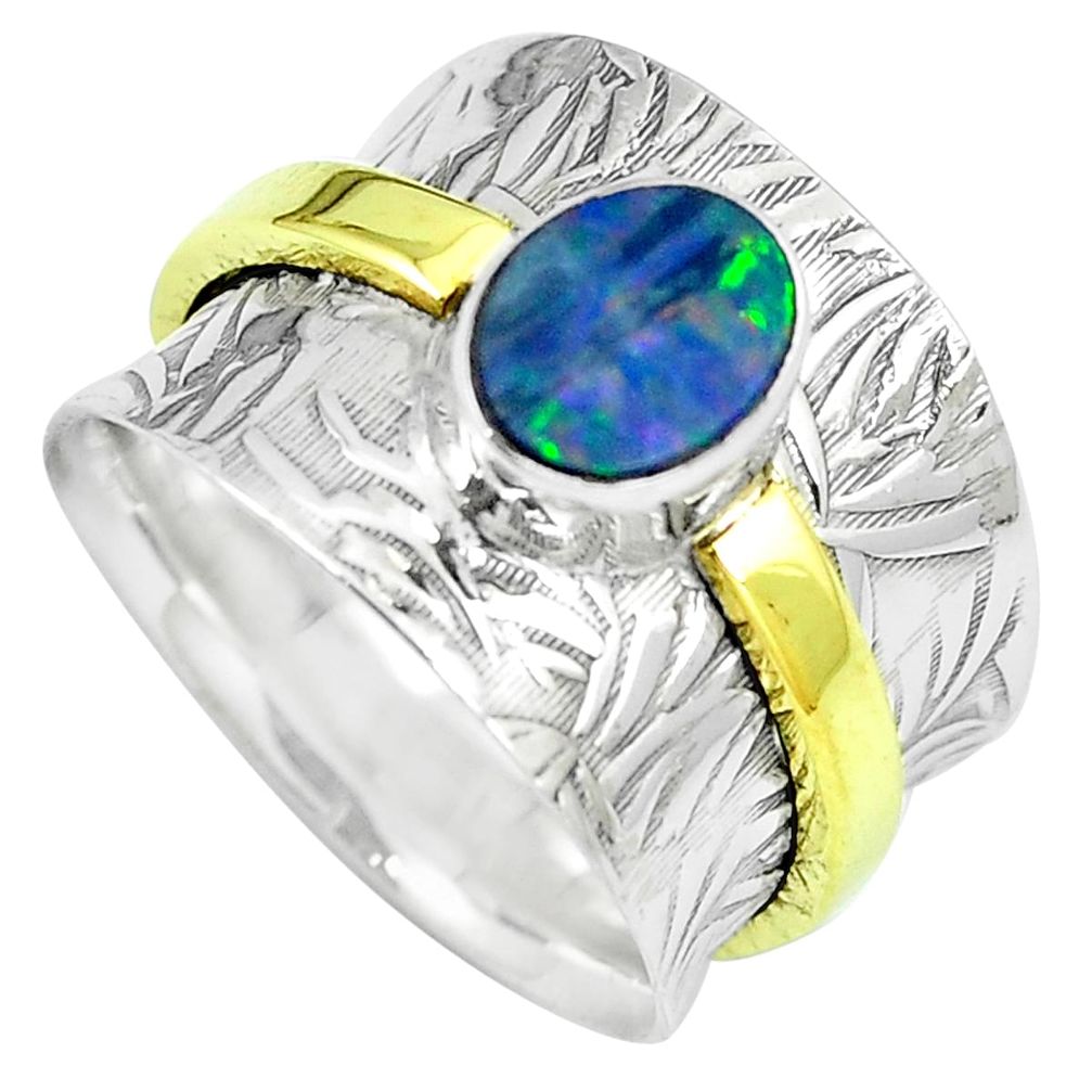 Natural doublet opal australian 925 silver two tone solitaire ring size 7 m86399