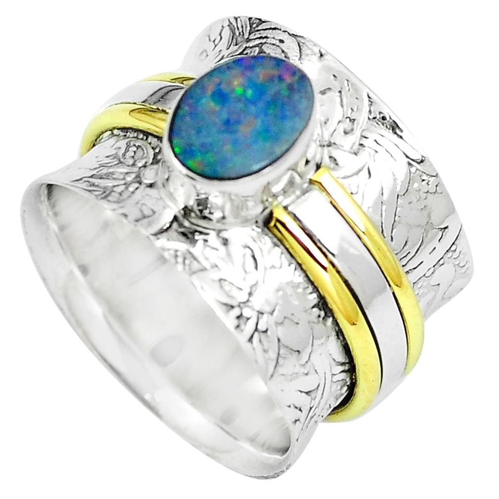 925 silver blue doublet opal australian two tone solitaire ring size 6.5 m86400