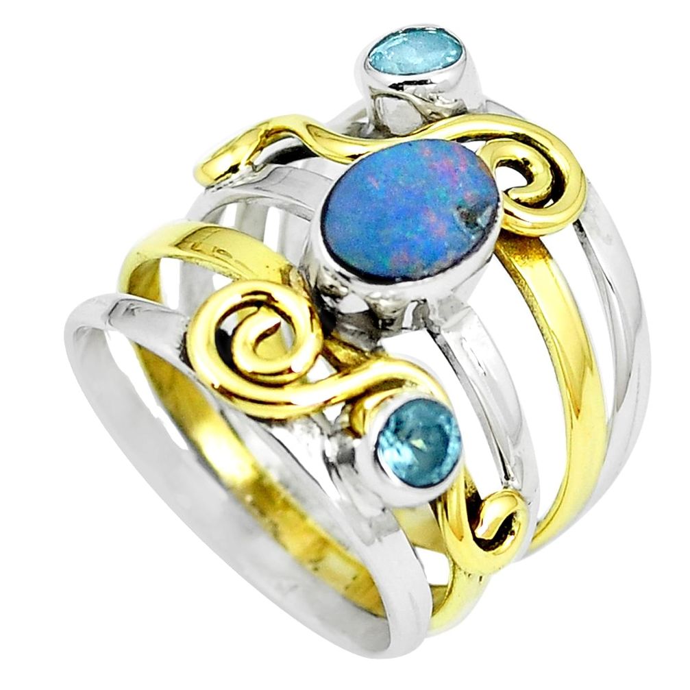 2.99cts natural doublet opal australian 925 silver two tone ring size 8.5 m86440