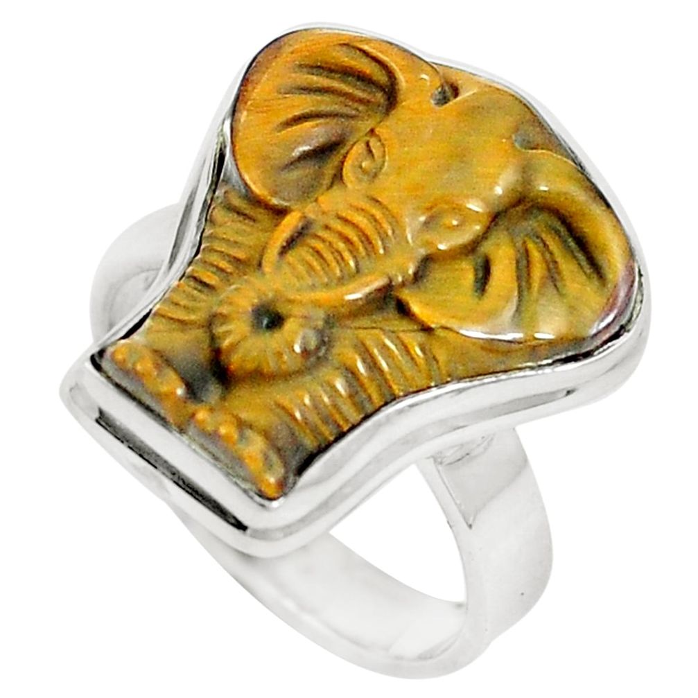 13.24cts natural brown tiger's eye 925 silver elephant ring size 8 m87559