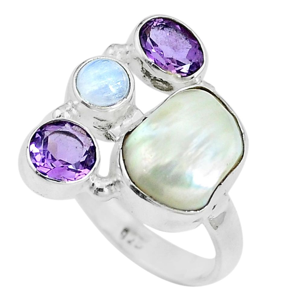 925 silver 11.02cts natural white pearl fancy amethyst ring size 7.5 m87814