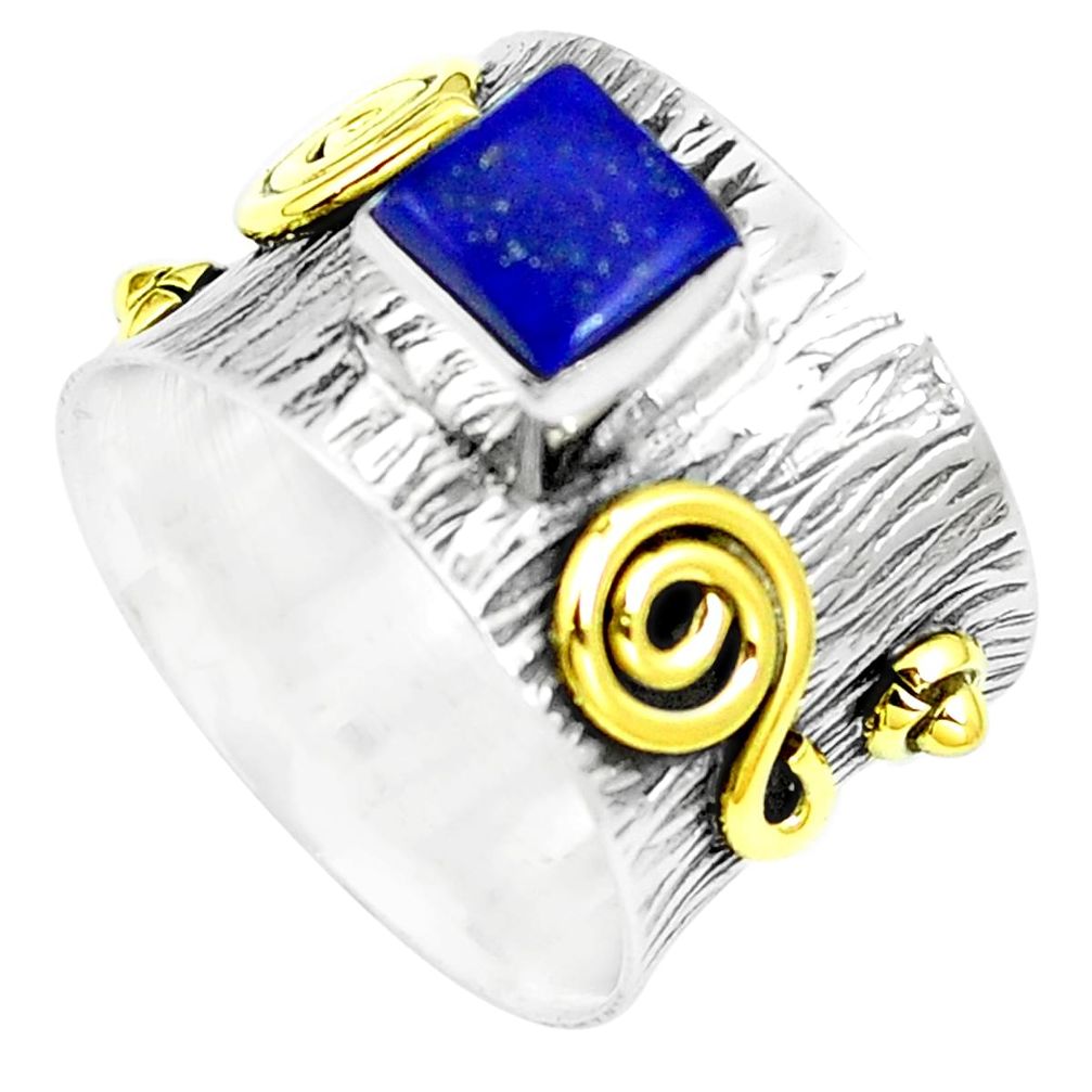 2.41cts victorian lapis lazuli silver two tone solitaire ring size 7.5 m88026