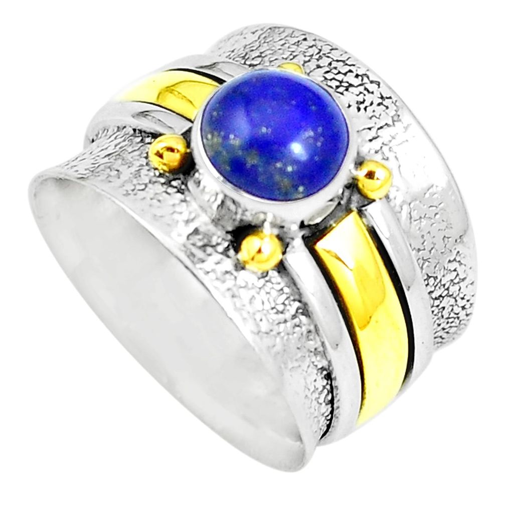 2.81cts victorian lapis lazuli silver two tone solitaire ring size 6.5 m88044