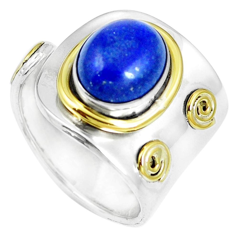 Blue lapis lazuli 925 silver two tone adjustable solitaire ring size 8 m88069