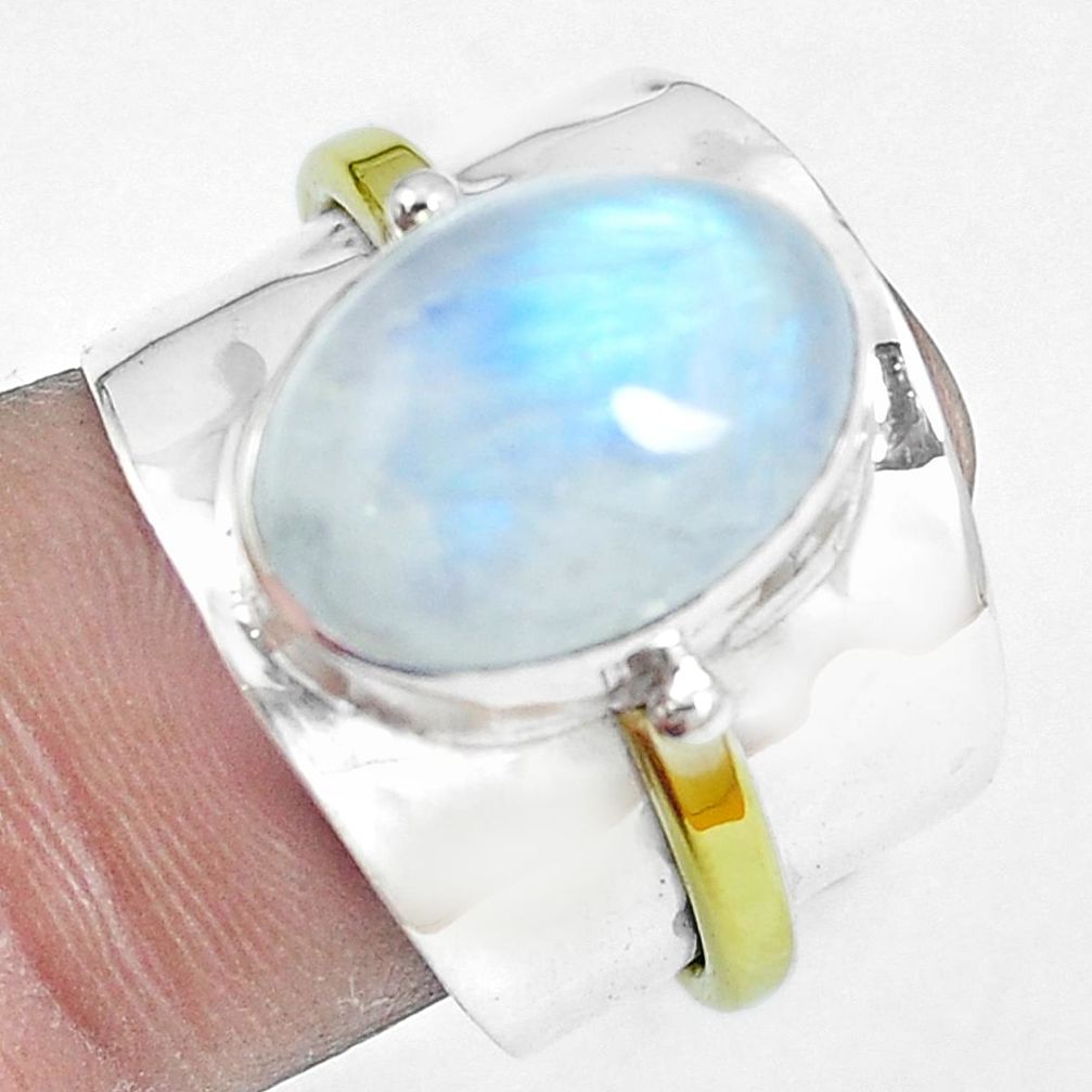 6.78cts rainbow moonstone 925 silver two tone solitaire ring size 7.5 m88078