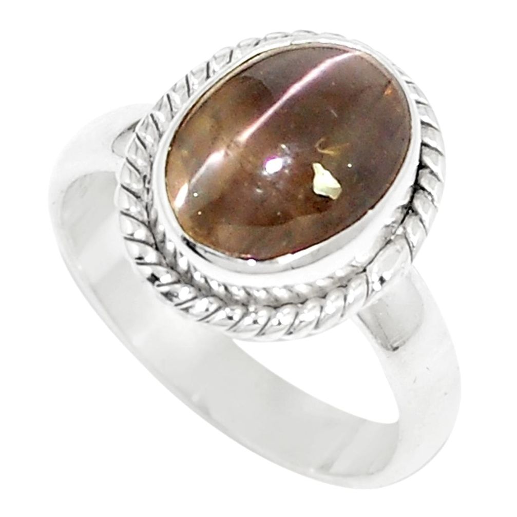 4.28cts natural cat's eye sillimanite 925 silver solitaire ring size 6 m88106