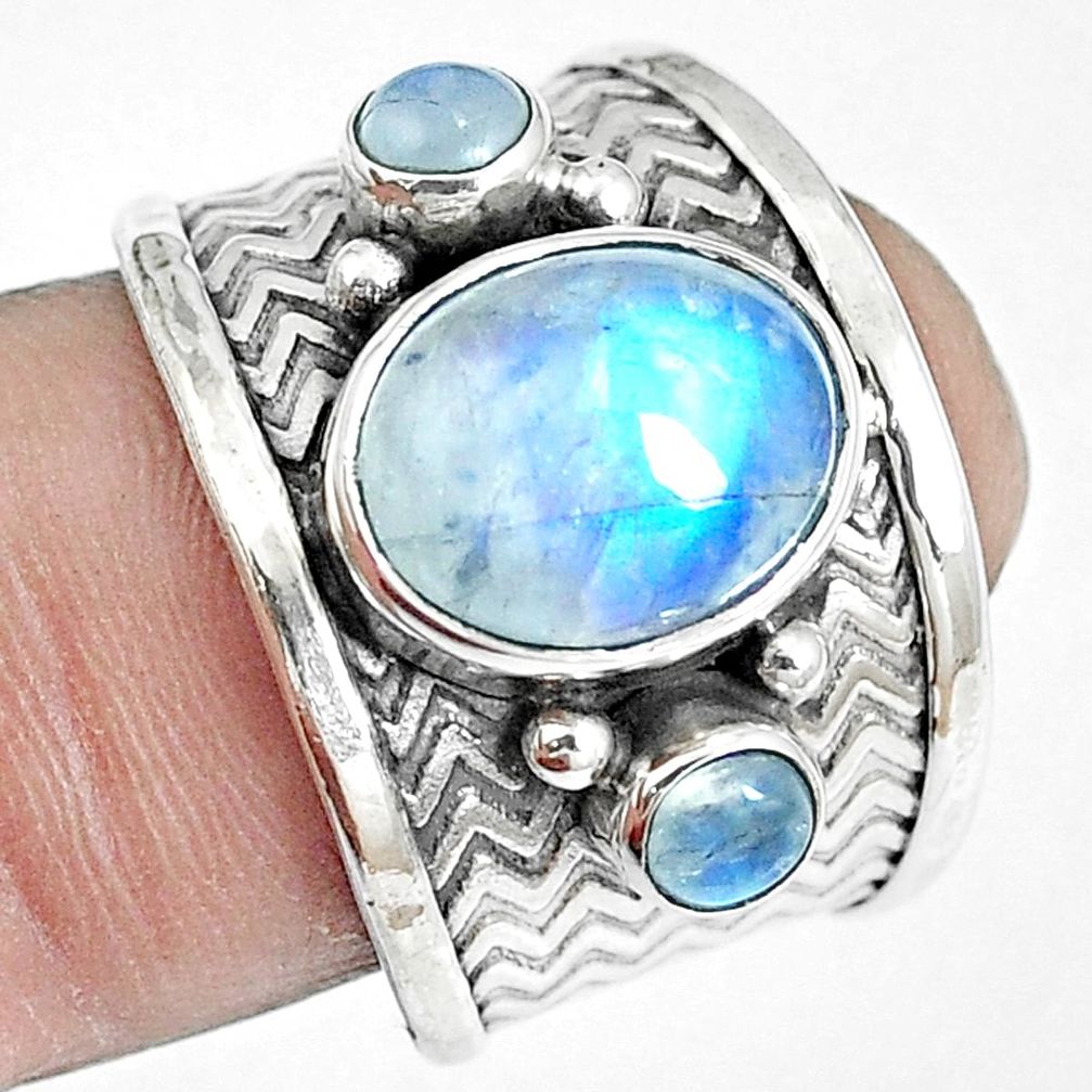 6.20cts natural rainbow moonstone 925 silver solitaire ring size 7.5 m88195