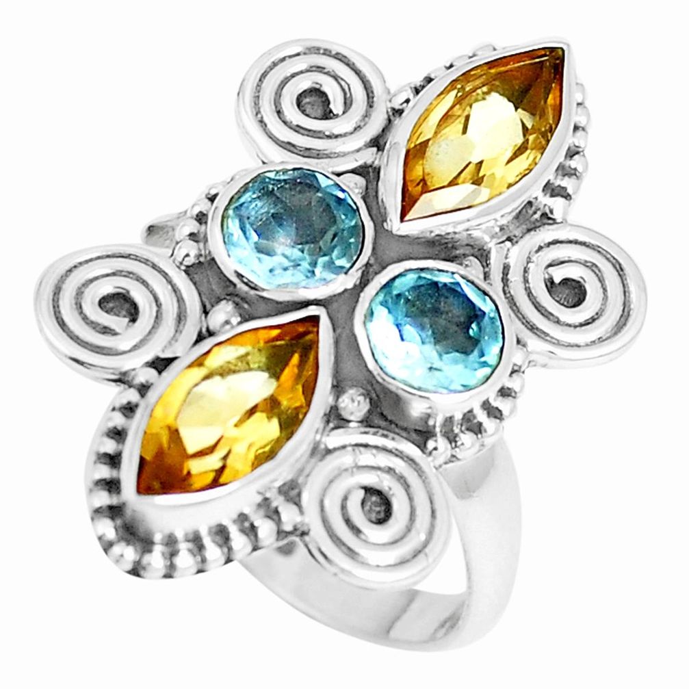 6.22cts natural yellow citrine blue topaz 925 silver ring size 7.5 m88856