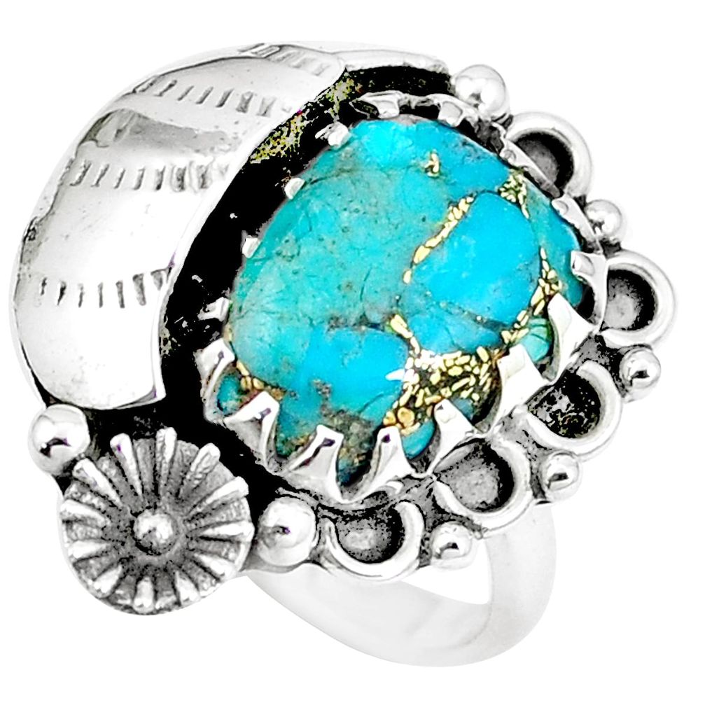 5.61cts blue copper turquoise oval silver flower solitaire ring size 7 m89146