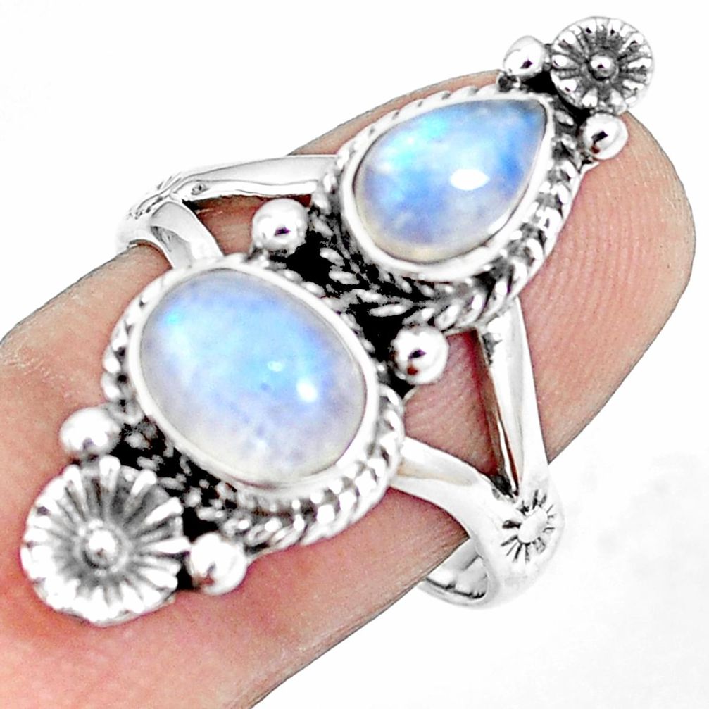 925 silver 5.63cts natural rainbow moonstone oval flower ring size 9 m89157