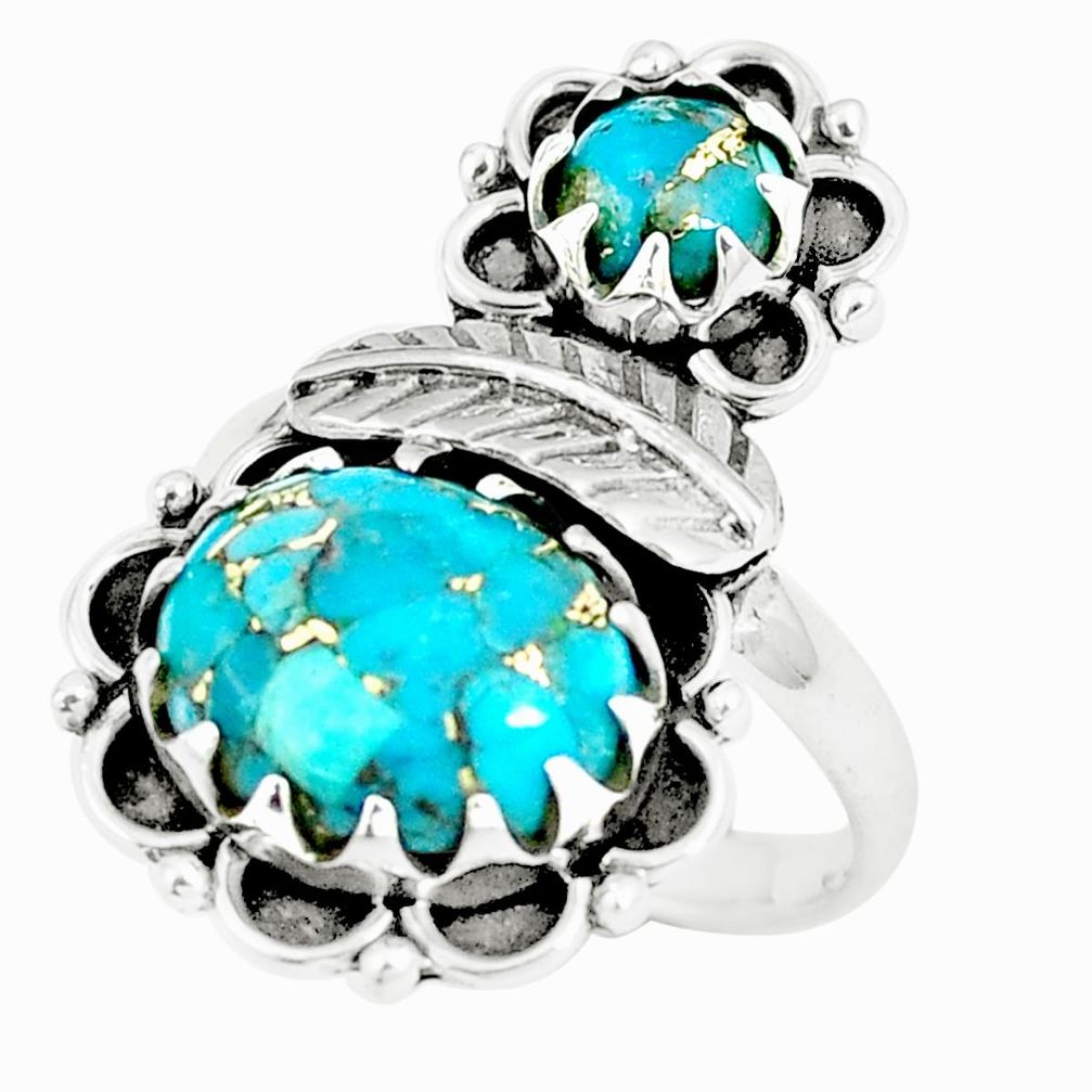 6.32cts blue copper turquoise 925 sterling silver feather ring size 8 m89169