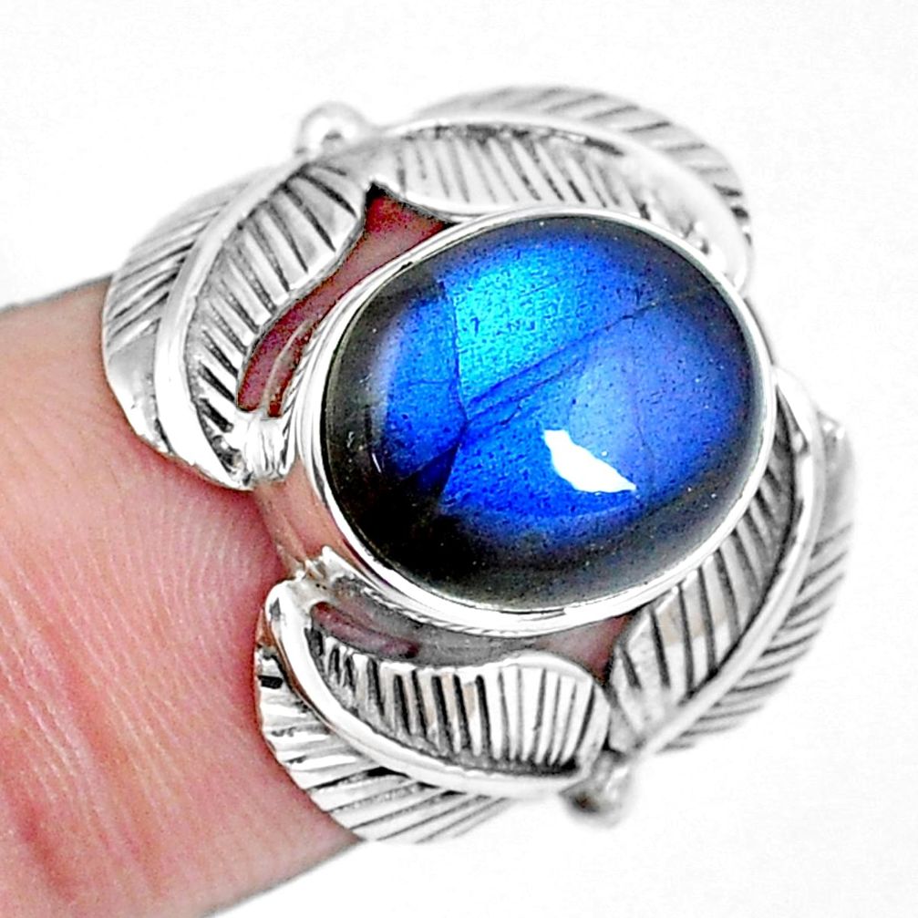 5.31cts natural blue labradorite 925 silver leaf solitaire ring size 5.5 m89220