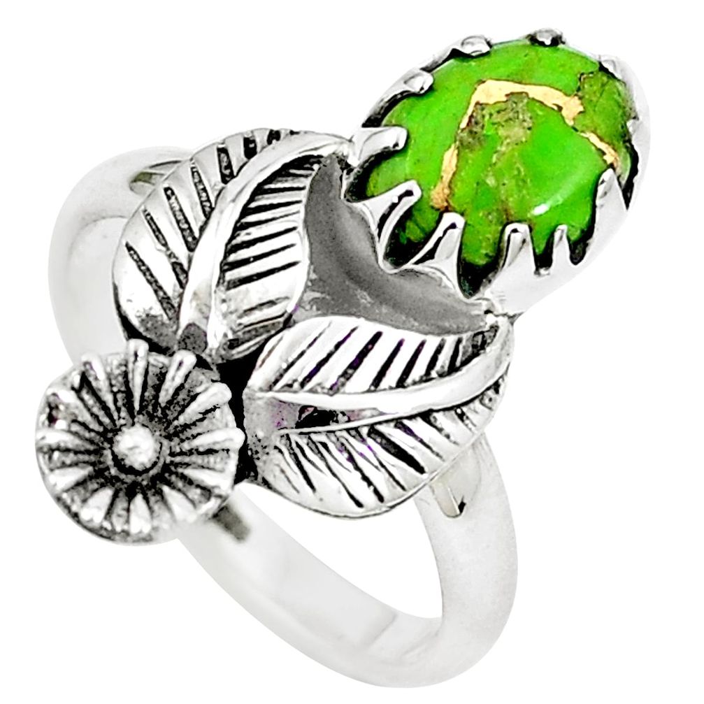 2.12cts green copper turquoise 925 silver flower with leaf ring size 6.5 m89222