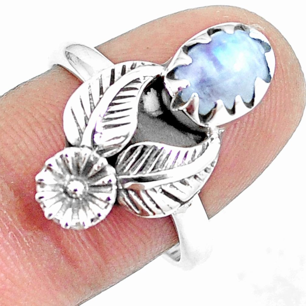 2.21cts natural rainbow moonstone 925 silver flower with leaf ring size 8 m89240