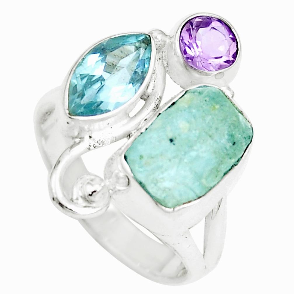 9.67cts natural aqua aquamarine rough amethyst 925 silver ring size 7 m89956