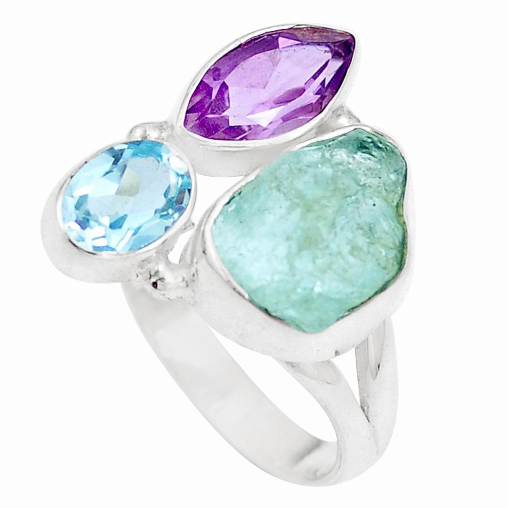 8.94cts natural aqua aquamarine rough amethyst 925 silver ring size 6.5 m89958