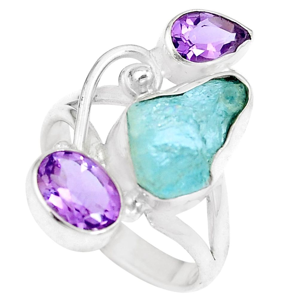 925 silver 10.60cts natural aqua aquamarine rough amethyst ring size 7.5 m89959