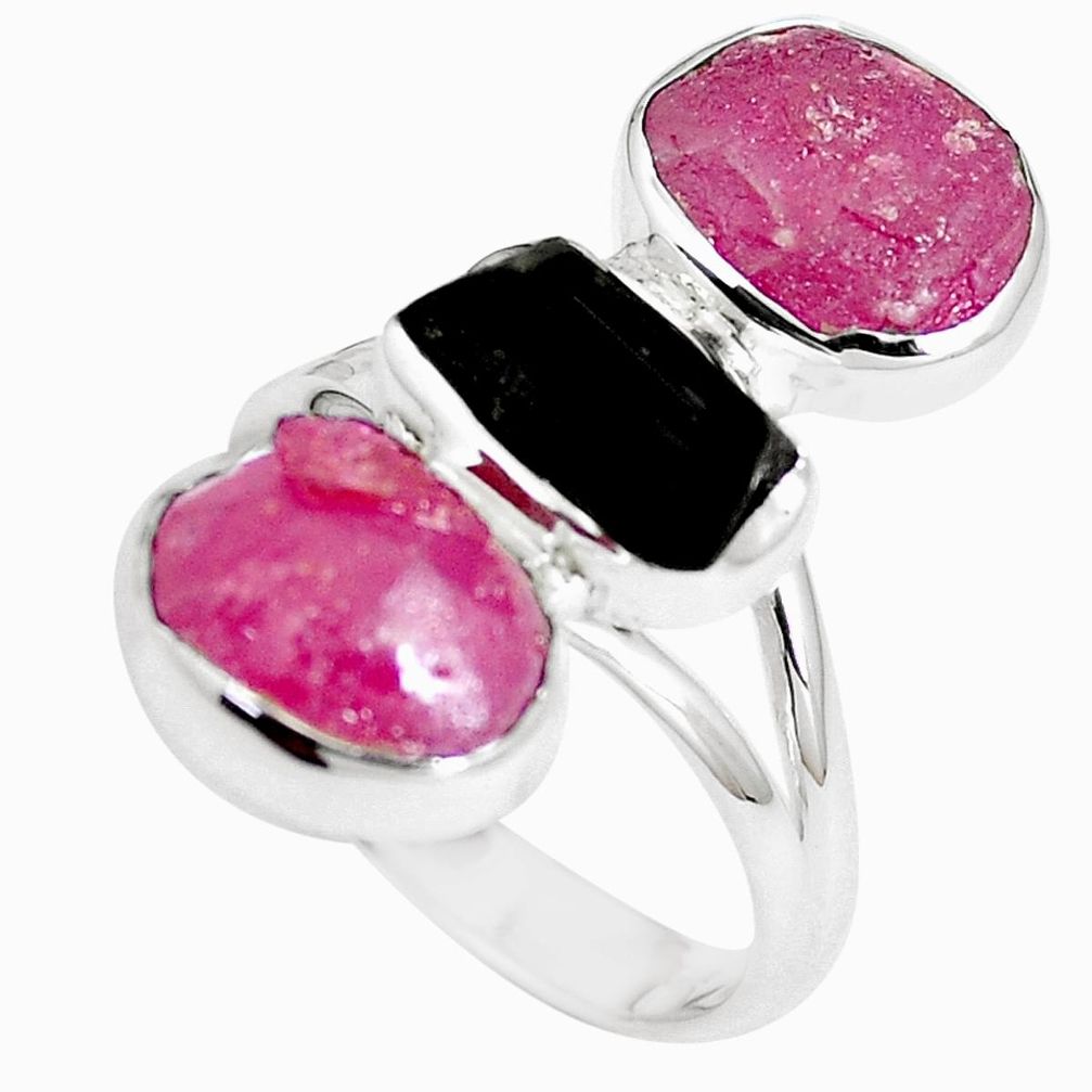 13.77cts natural black tourmaline rough ruby rough 925 silver ring size 9 m90002