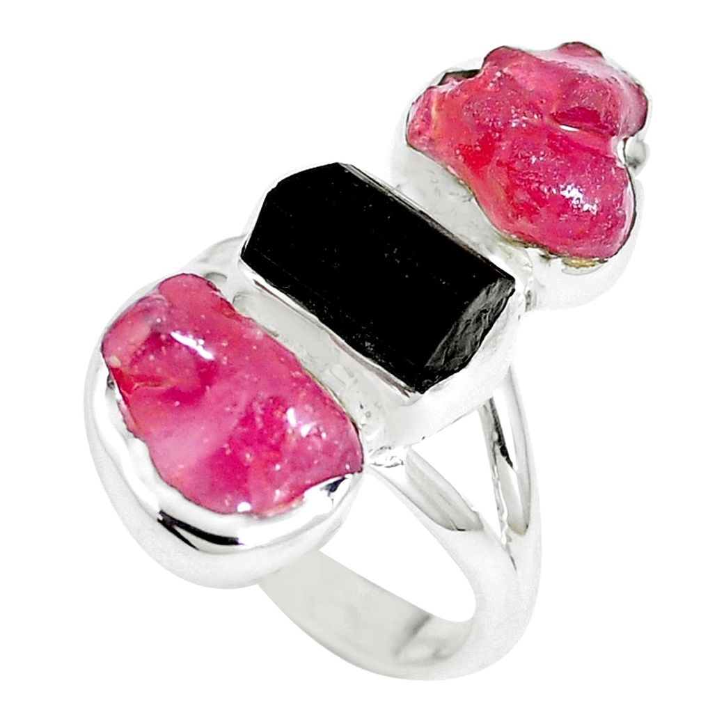 13.45cts natural black tourmaline rough ruby rough 925 silver ring size 7 m90012