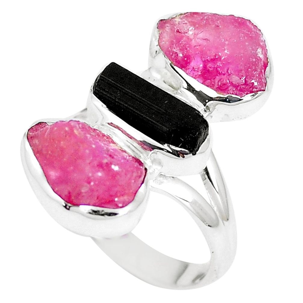 13.09cts natural black tourmaline rough ruby rough 925 silver ring size 7 m90014