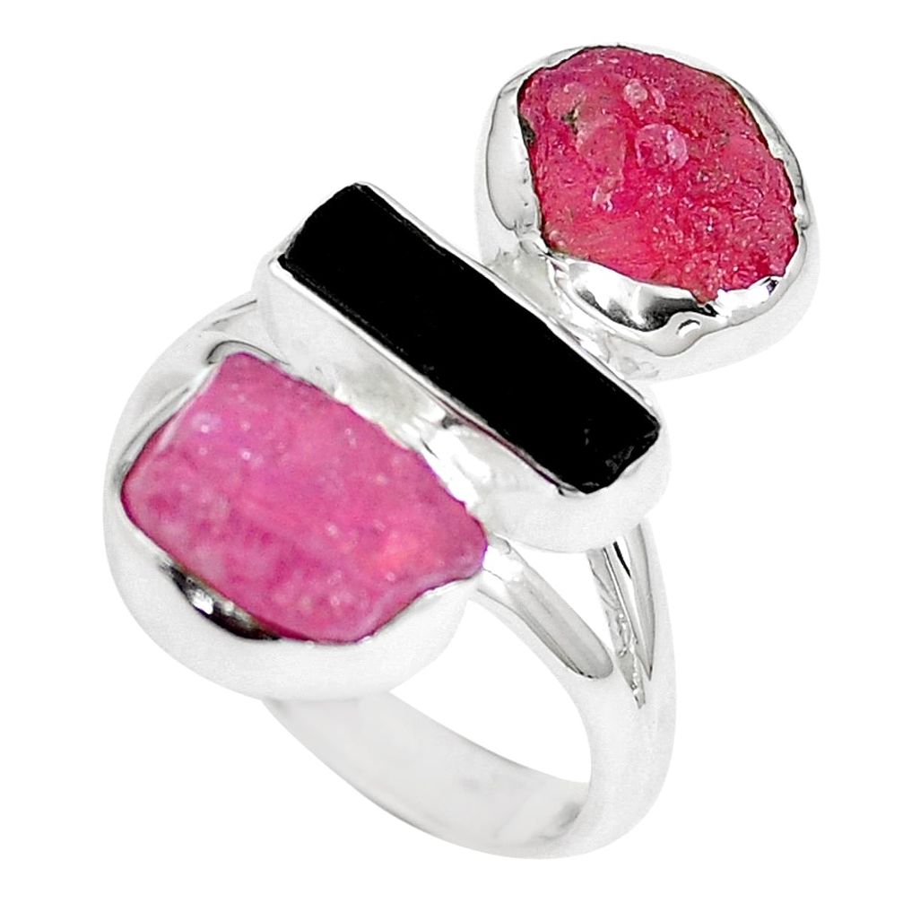 925 silver 13.79cts natural black tourmaline rough ruby rough ring size 8 m90019