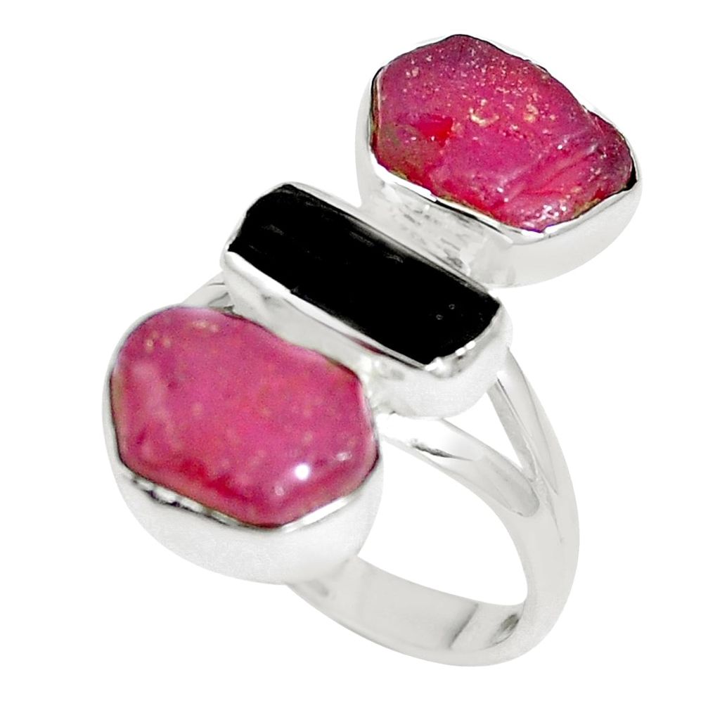 14.19cts natural black tourmaline rough ruby rough 925 silver ring size 8 m90020