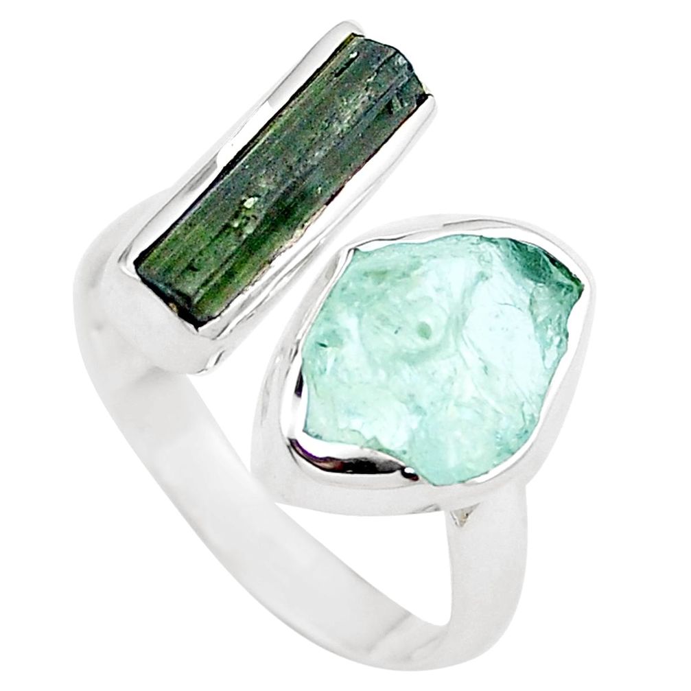 7.82cts tourmaline aquamarine rough 925 silver adjustable ring size 8.5 m91721