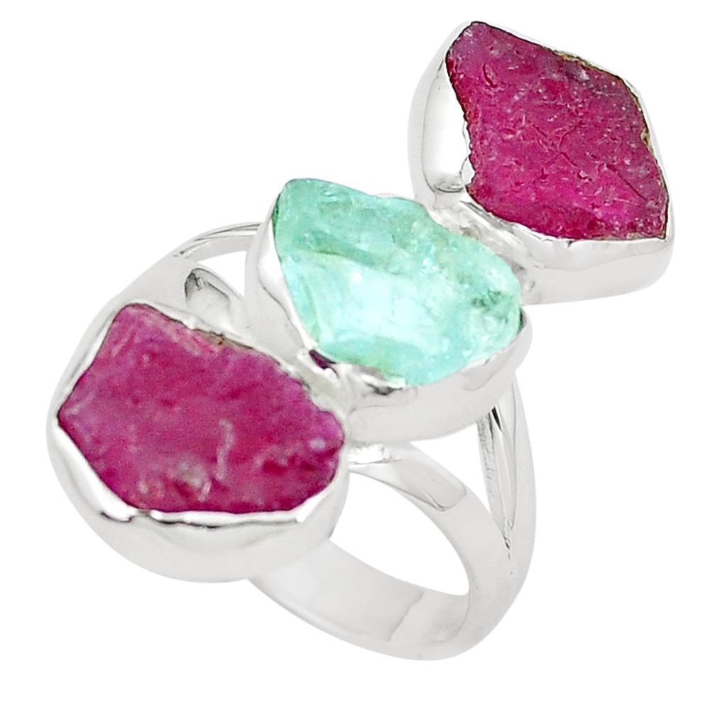 14.40cts natural pink ruby rough aquamarine rough 925 silver ring size 8 m91769