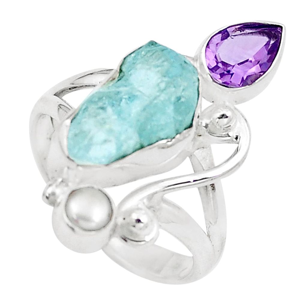 7.54cts natural aqua aquamarine rough amethyst 925 silver ring size 7 m92172