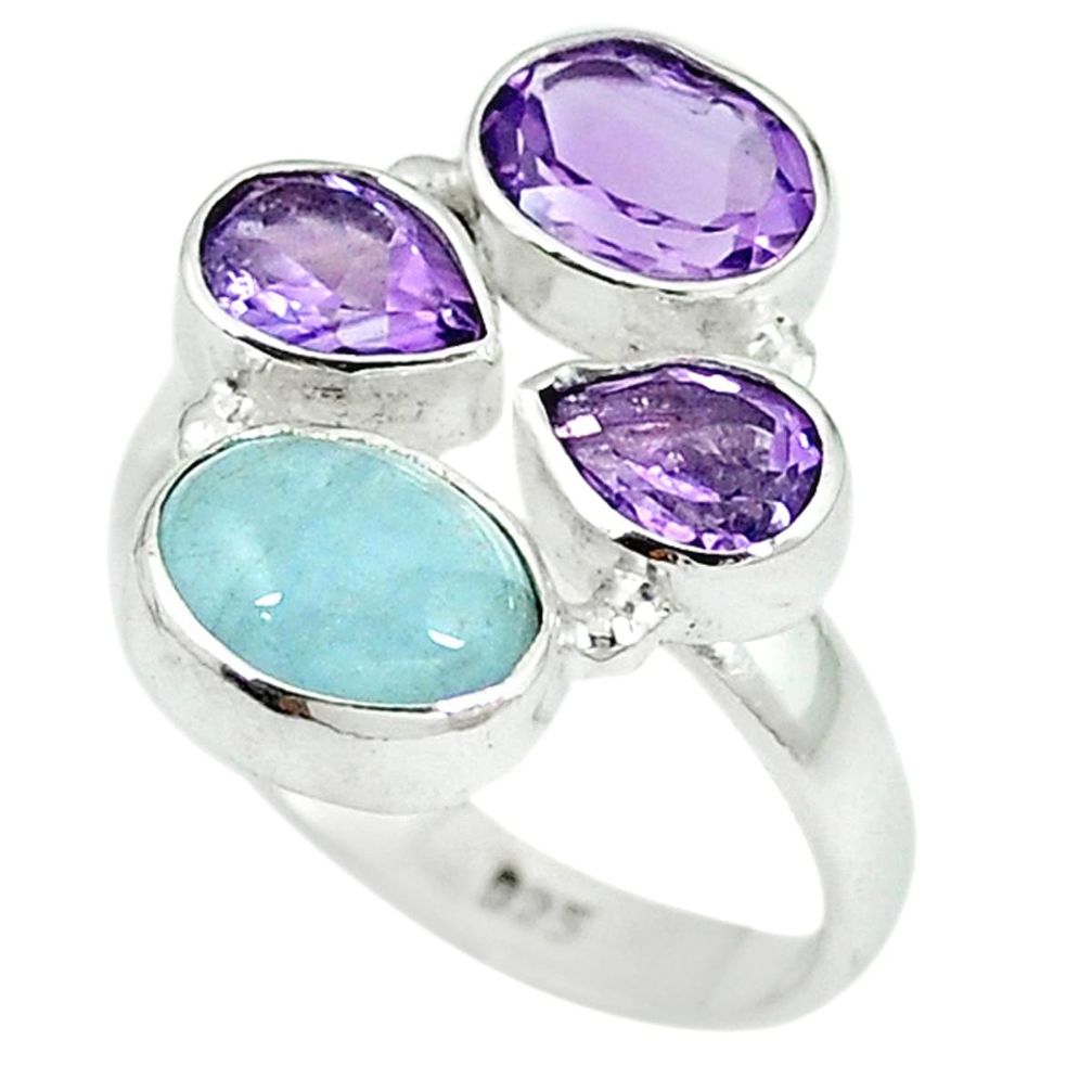 Natural blue aquamarine amethyst 925 sterling silver ring size 8 m9281