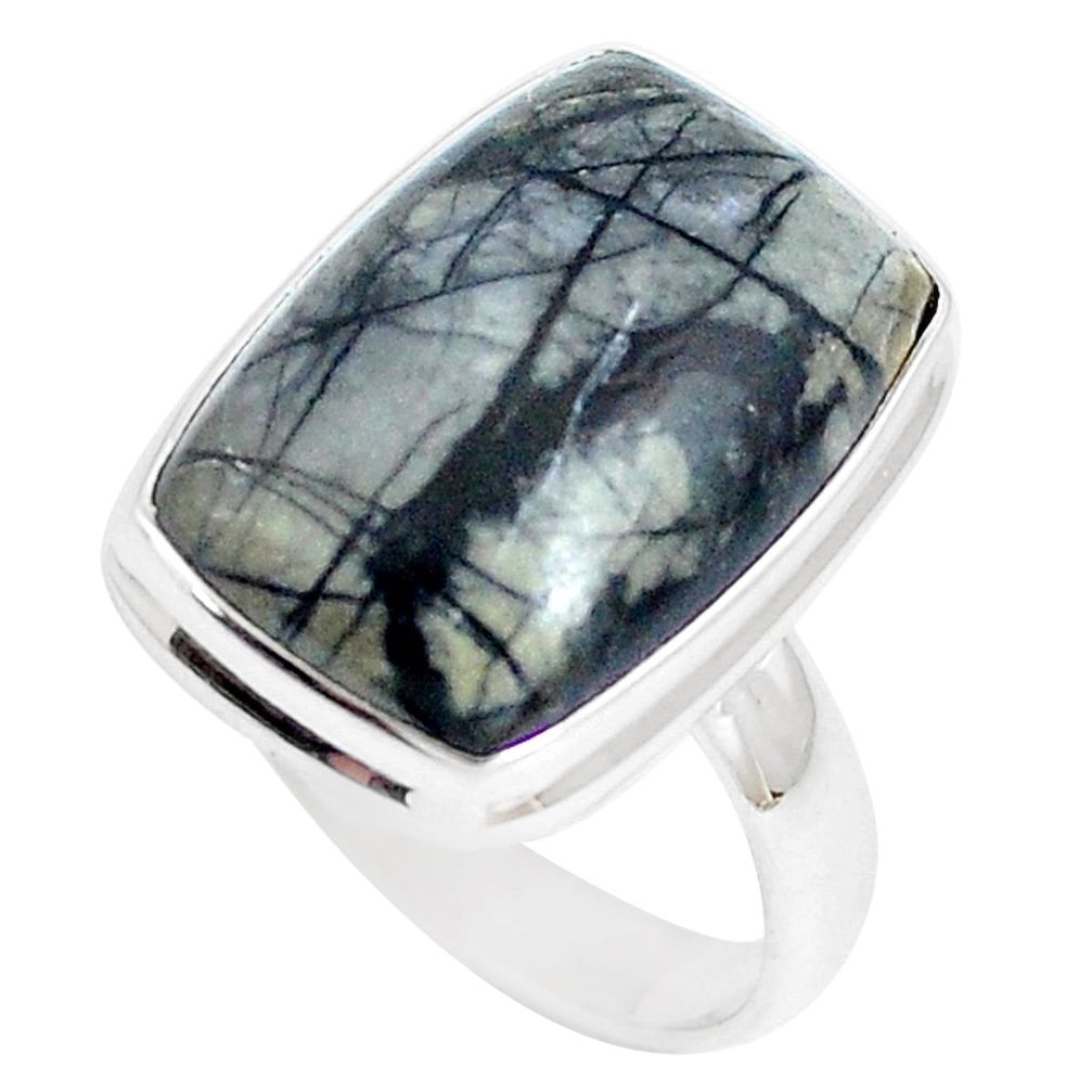 14.26cts natural black picasso jasper 925 silver solitaire ring size 8 m93029