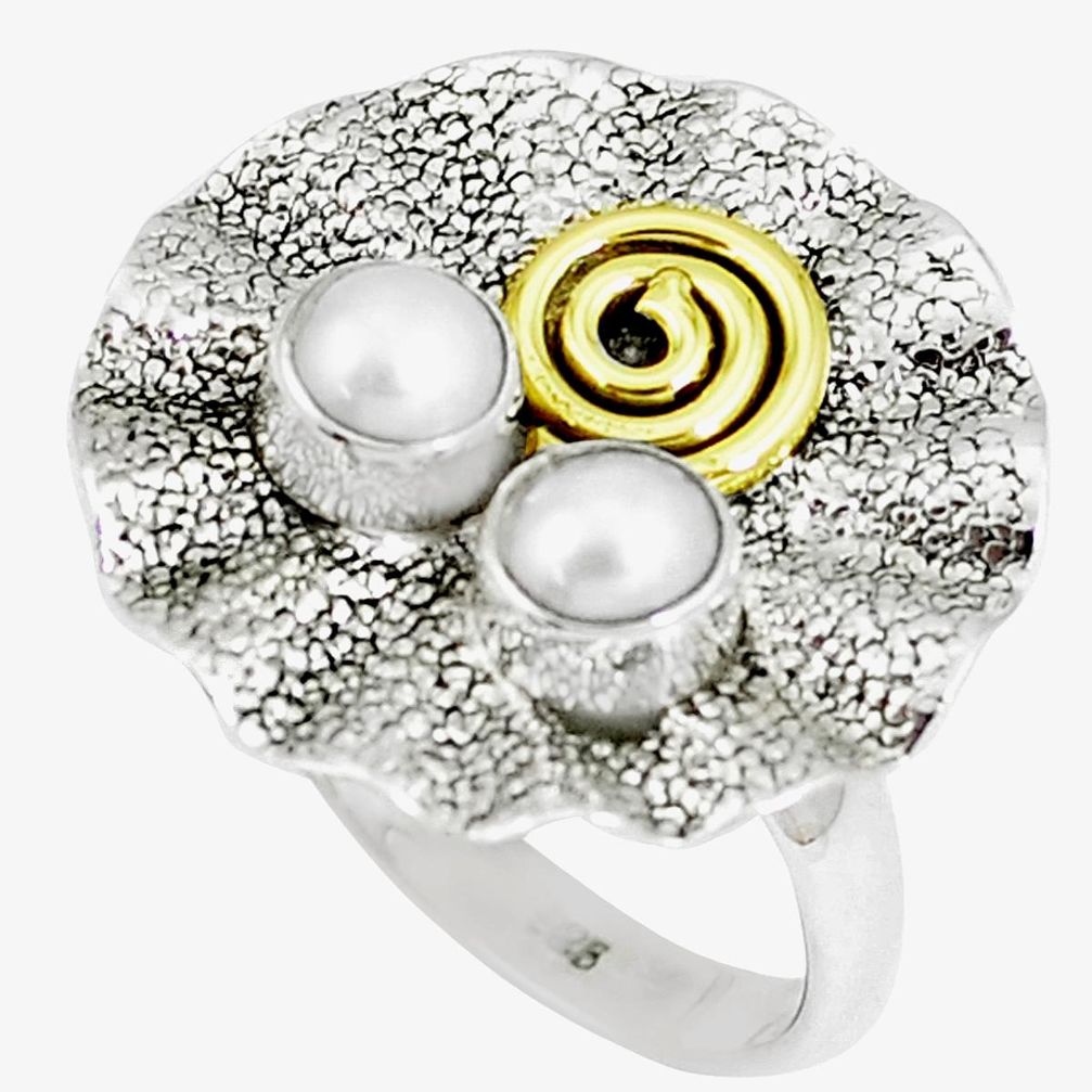 925 silver victorian natural white pearl round two tone ring size 7 m93367