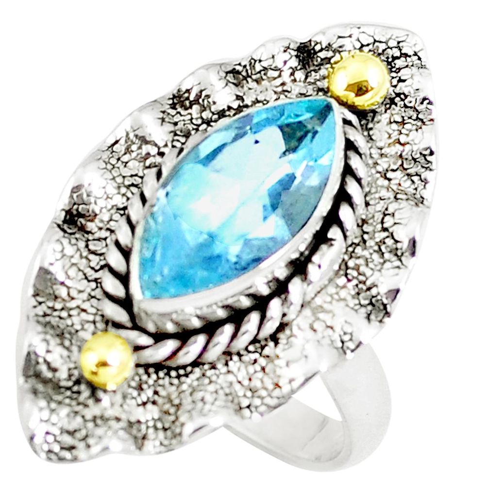 Victorian natural blue topaz 925 silver two tone solitaire ring size 7 m93420