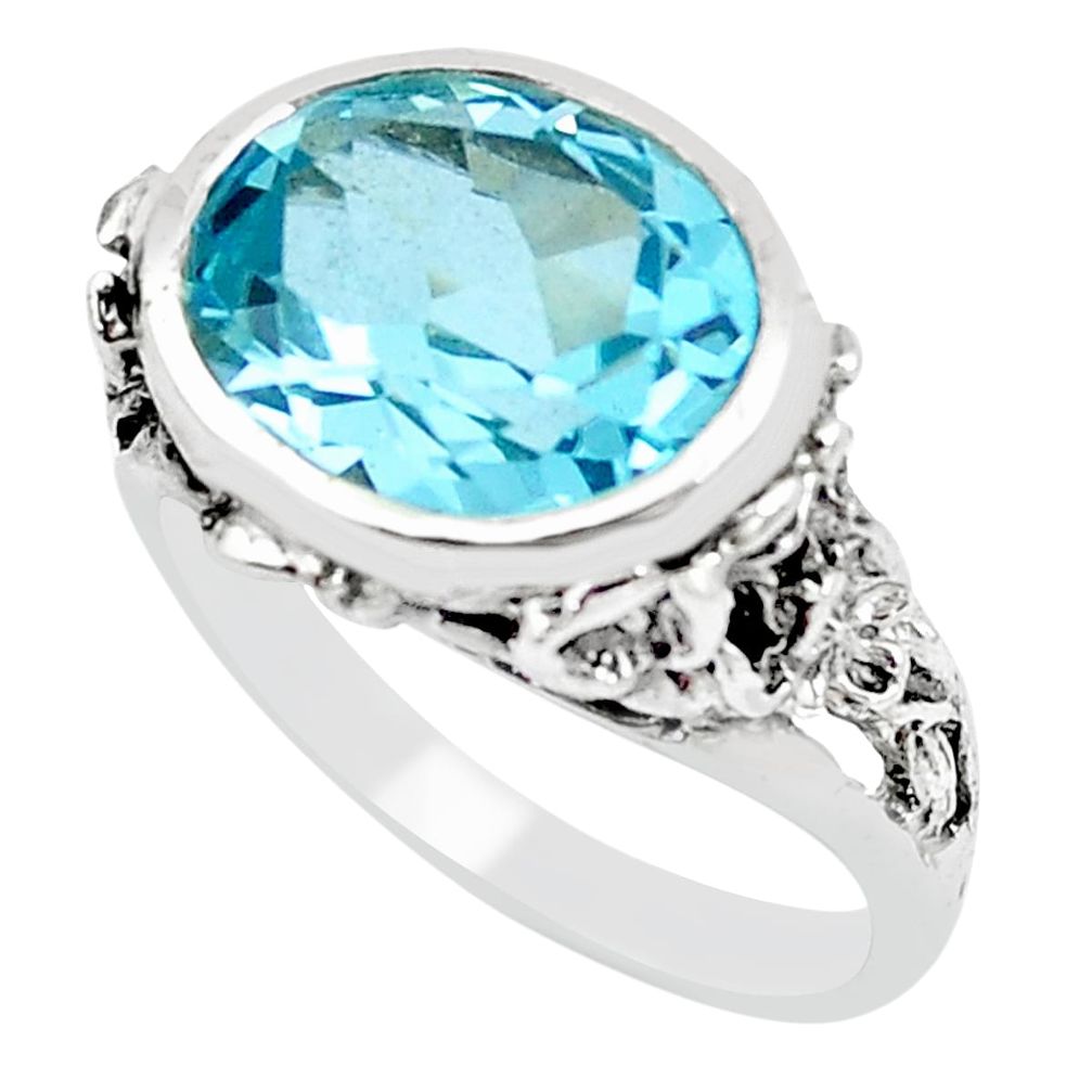 5.30cts natural blue topaz 925 silver flower solitaire ring size 8.5 m94034