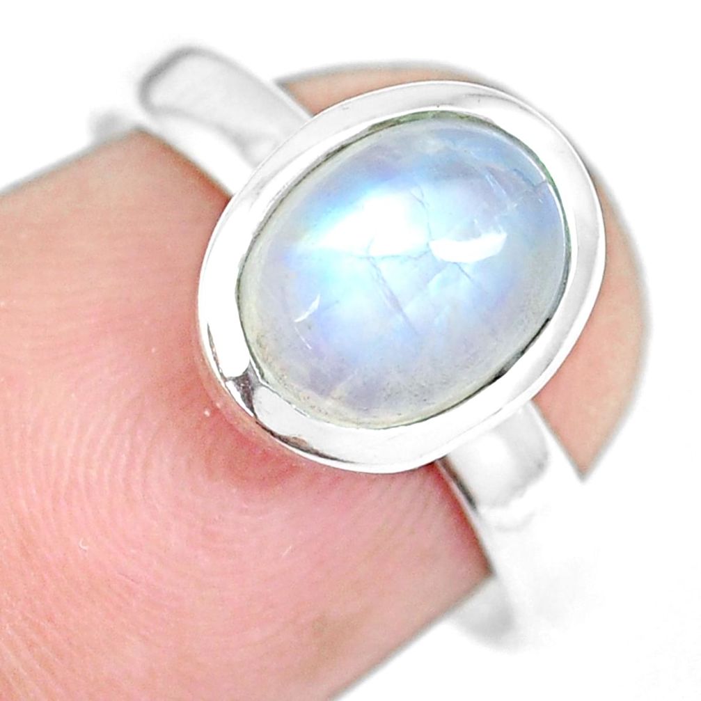 3.43cts natural rainbow moonstone oval 925 silver solitaire ring size 7.5 m96002