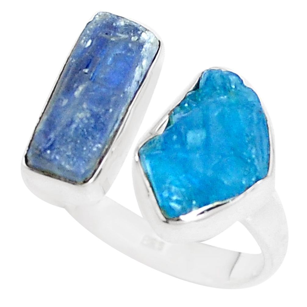 Natural blue apatite rough kyanite rough silver adjustable ring size 8 m96885