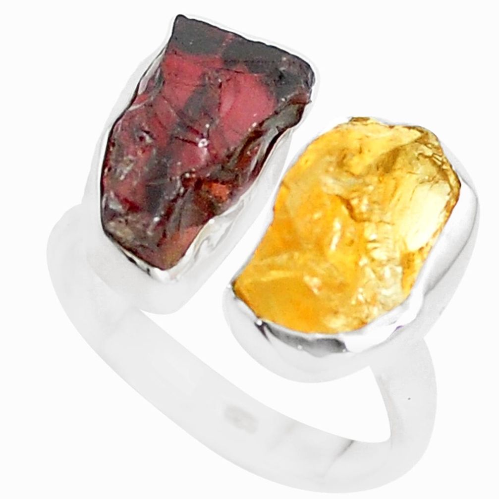 Yellow citrine rough red garnet rough 925 silver adjustable ring size 8 m96887