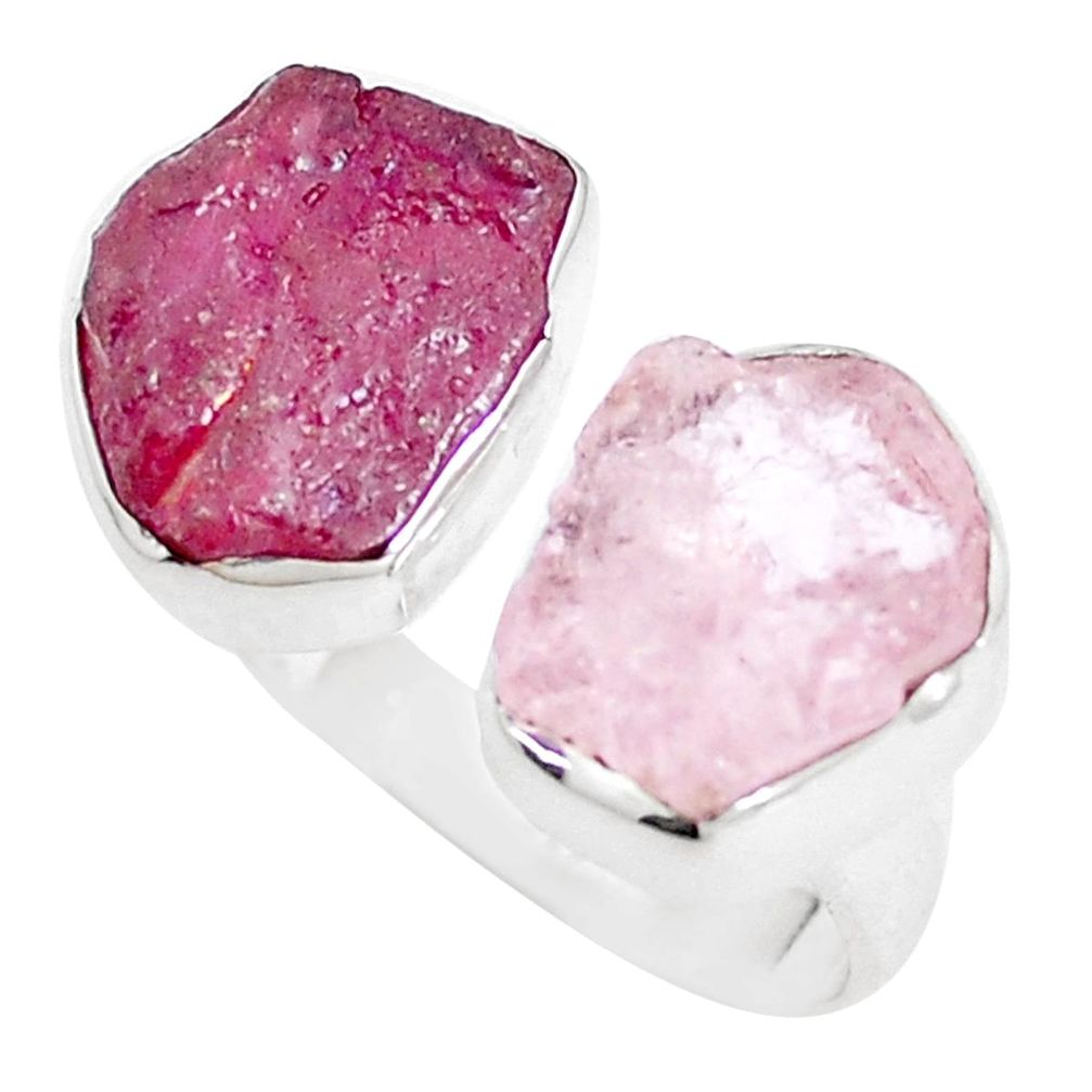 Natural pink ruby rough morganite rough 925 silver adjustable ring size 8 m96902