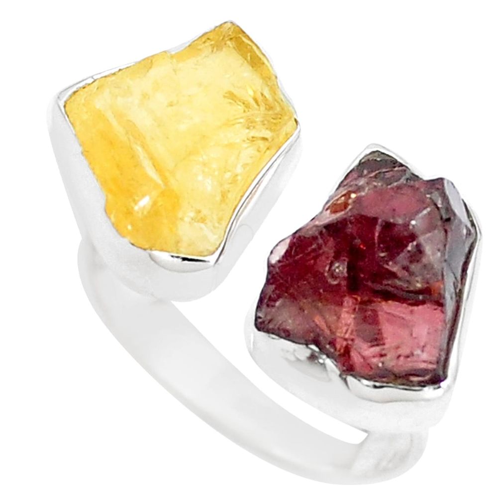 Yellow citrine rough red garnet rough 925 silver adjustable ring size 8 m96917