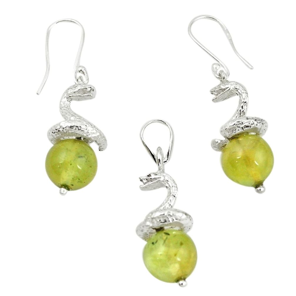 Natural green prehnite beads 925 sterling silver pendant earrings set m13452