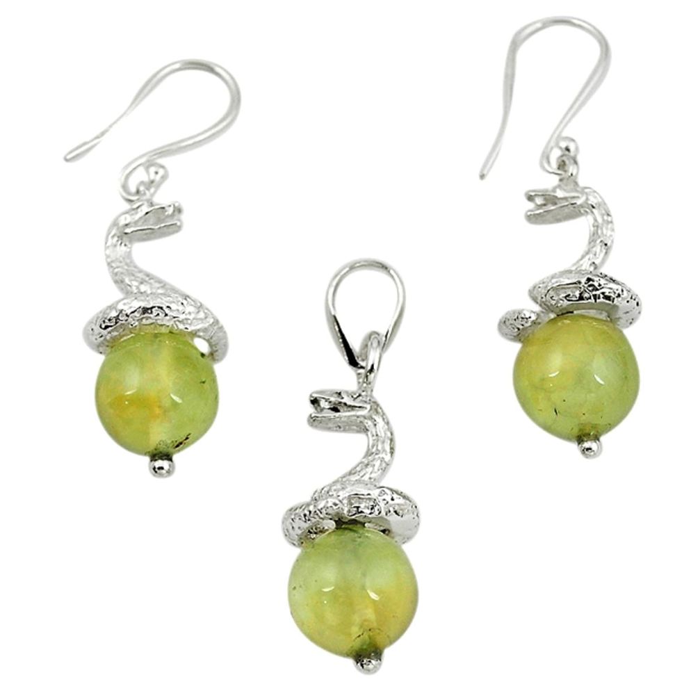 Natural green prehnite 925 sterling silver pendant earrings set m13454