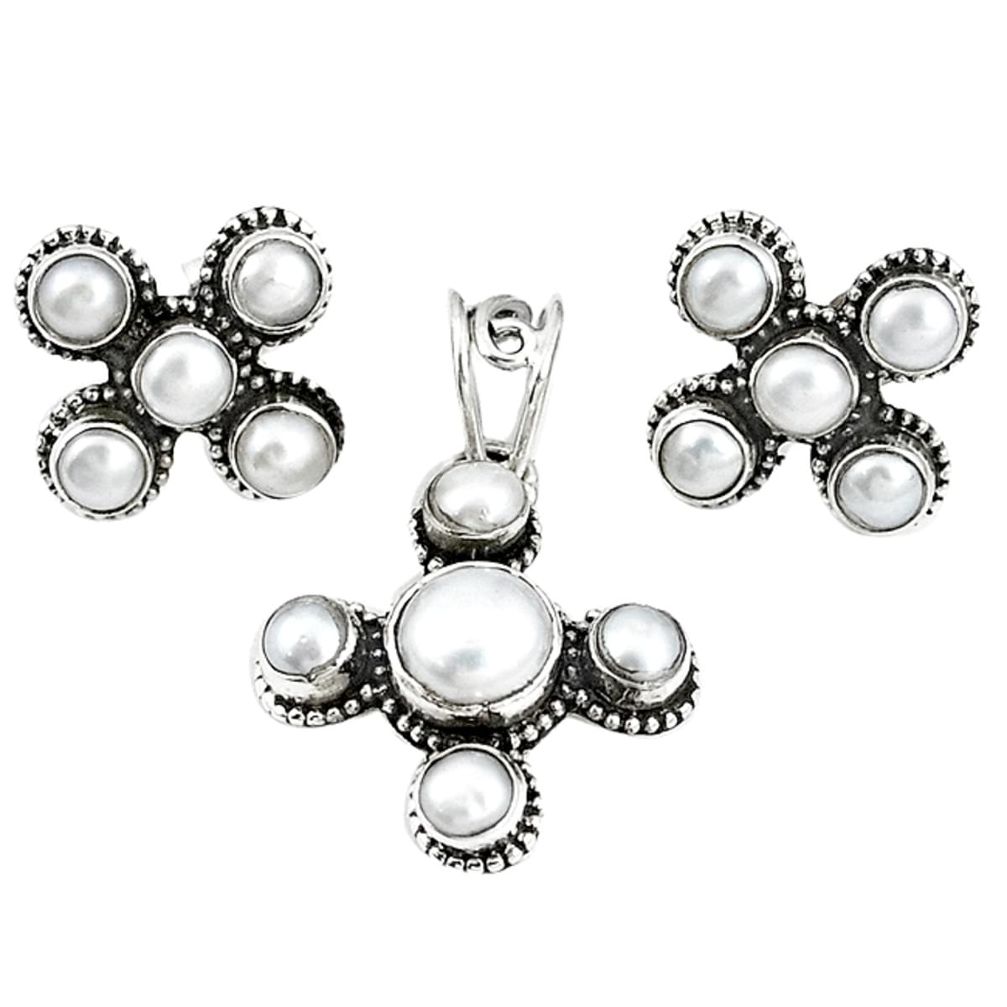 Natural white pearl 925 sterling silver pendant earrings set jewelry m17425